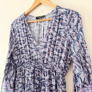 Few Moda Maxi Dress Small Blue Paisley Boho Tiered V-Neck Long Sleeve Drawstring thumbnail 12