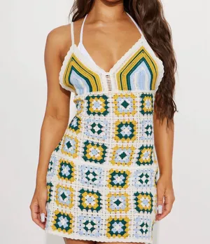 Retro Green & White Crochet Cover Up Mini Dress thumbnail 5