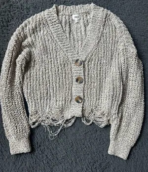 BKE knit oversized, cropped cardigan sweater. Size S, frayed hem, neutral colors thumbnail 1