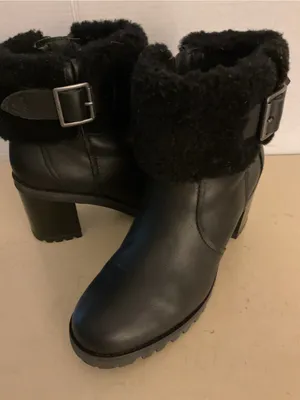 UGG women Black leather shearling platform waterproof heel boots US 7.5 thumbnail 2