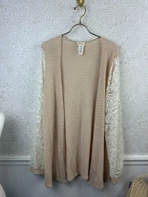 BiBi Beige and Cream Lace Sleeve Open-Front Waffle Knit Cardigan Top - Size - XL thumbnail 2