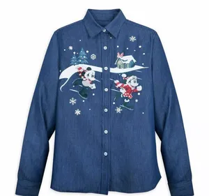 Disney Mickey and Minnie Christmas ice skating denim button down top never worn thumbnail 1