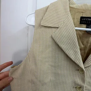 Vintage Liz Claiborne Collections beige gingham plaid collar button formal vest‎ thumbnail 2