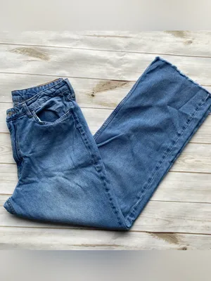 H&M ultra high waist wide leg denim jeans medium wash raw frayed hems 12 thumbnail 5
