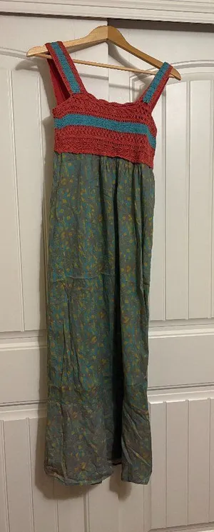Sundance Boho Crochet Top Dress Size 2 Red Green Floral Print Skirt Maxi Length thumbnail 1