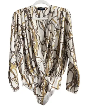 Zara Equestrian Chain Link Print Wrap Bodysuit Blouse Top Gold Brown Ivory Sz M thumbnail 1
