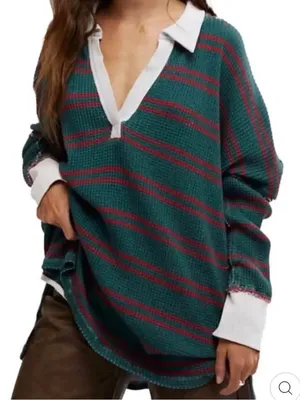 Free People Travis Polo Tee Striped Forest NWT Small thumbnail 2