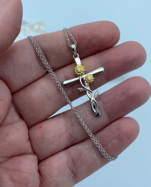 Sterling Silver And Gold Sunflower CZ Cross Necklace thumbnail 2