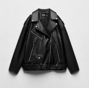 Zara Faux Leather Moto Jacket Biker Grunge Streetwear Belted Black Size L thumbnail 1