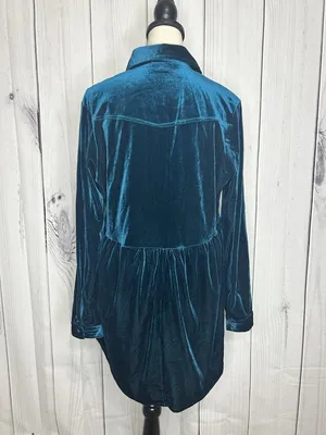 Umgee Teal Velvet Button Up Shirt Sz M Babydoll Western Yoke Long Sleeve thumbnail 7
