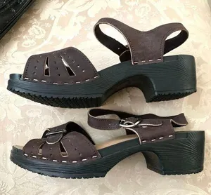 NEW VERKA Swedish Buckle Cutout Detail Leather Low Heel Clogs in Brown thumbnail 1
