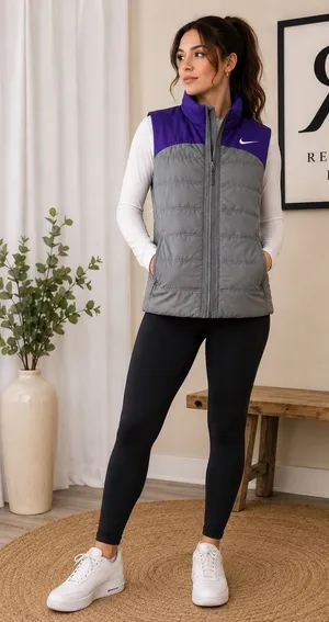 Nike Womens Puffer Vest Grey Purple Colorblock Quilted Full Zip Size Large thumbnail 1