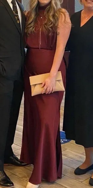 Lulus Classic Elegance Wine Satin Sleeveless Mock Neck Maxi Dress thumbnail 1