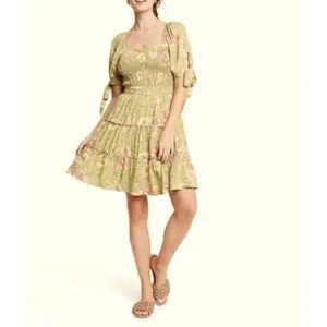 Agua Bendita Target Smocked Floral Puff Tie Sleeve Mini Dress LG‎ Tiered Cottage thumbnail 2