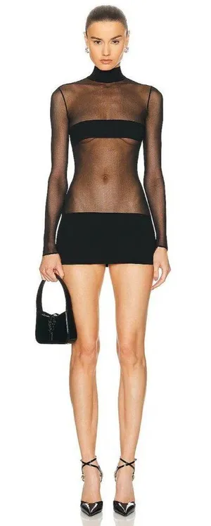 MONOT Contrasting Bands Mini Dress in Black 2 New Womens Sheer Panel Long Sleeve thumbnail 1