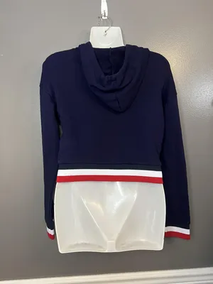 Bozzolo Hoodie Womens Large Navy Cropped Pullover Sweatshirt Red White Trim thumbnail 4