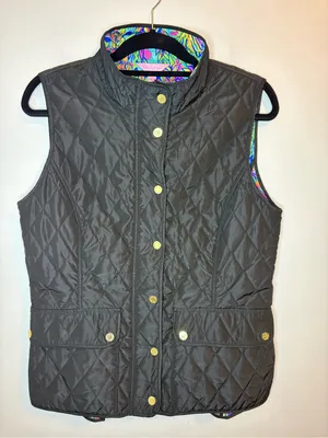 Lilly Pulitzer Getaway Black Quilted Vest Floral Lining Gold Hardware L thumbnail 4
