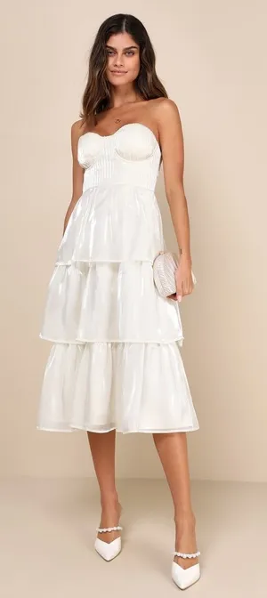 NWT Lulus Com-pleat-ly Charming Ivory Organza Tiered Strapless Midi Dress Sz M thumbnail 1