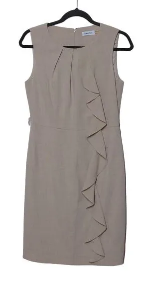 Calvin Klein Sheath Dress Beige Tan Stretch Jewel Neck Sleeveless Ruffle 6 thumbnail 1