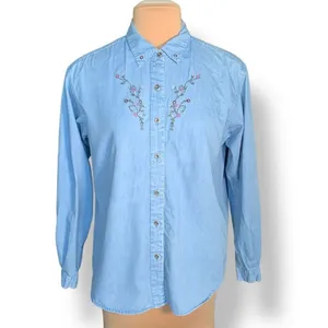 Vintage 90s‎ Embroidered Chambray Denim Shirt Button Down Floral Long Sleeve thumbnail 11
