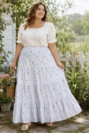Arula White & Blue Ditsy Floral Tiered Maxi Skirt OX XL Coquette Y2K thumbnail 1