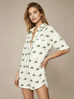 NWOT Farm Rio Linen Blend Coconut Embroidered Romper Green and Ivory Size M thumbnail 3