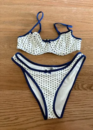 Frankie's Bikinis Victoria's Secret White Polka Dot Bikini with Navy Trim thumbnail 1