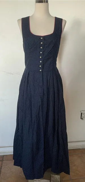 Vintage Navy Polka Dot Maxi Dress with Button Front Blue Size M thumbnail 1