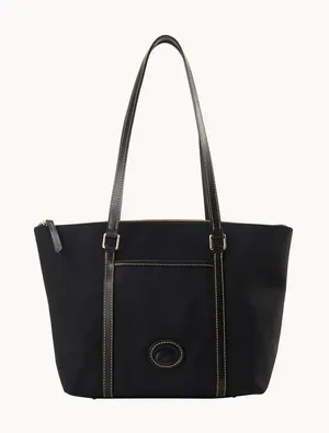 Dooney & Bourke #K0339891 Black Nylon Leather Trim Snap Buttons Pocket Tote Bag thumbnail 1