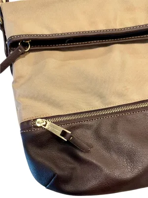 Vintage Franco Sarto Canvas Leather Fold Over Shoulder Bag in Beige/Dark Brown thumbnail 3