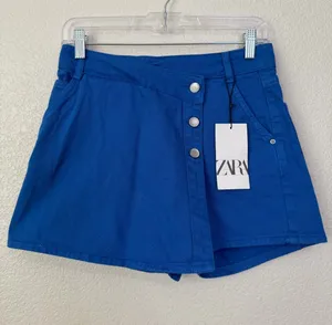 NWT Zara Blue Denim Wrap Asymmetrical Skort, Sz Small thumbnail 1