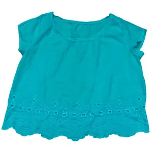 Aerie Medium Short-sleeved Scoop-neck Turquoise Blouse With Eyelet Embroidery. thumbnail 2