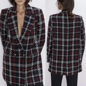 Zara Tweed Double Breasted Blazer Oversized Plaid Red Black Suit‎ Jacket Size XS thumbnail 2