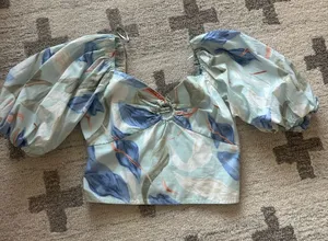 Abercrombie & Fitch Light Blue Floral Puff-Sleeve Crop Top thumbnail 1