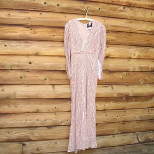 Mac Duggal Pink Size 8 Sequin Beaded Plunge Neck Long Sleeve Trumpet Gown Dress thumbnail 6