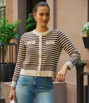 Adrianna Papell Wool blend cream black striped pointelle cardigan Size M thumbnail 1