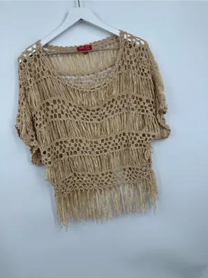 Dislay Paris Tan Open Knit Boho Short Sleeve Blouse Size Small Whimsical Fairy thumbnail 3