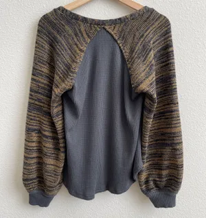 Free People Grey Yellow Stripe Sweet Confession Henley Waffle Knit Pullover thumbnail 10