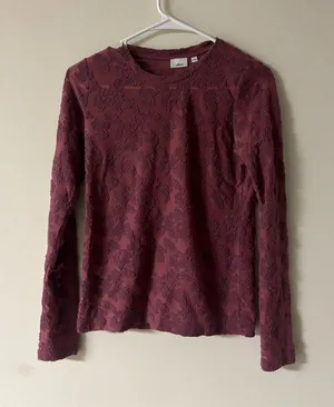 Wilfred Semi Sheer Textured Long Sleeve Top Small Burgundy Minimalist Chic thumbnail 1