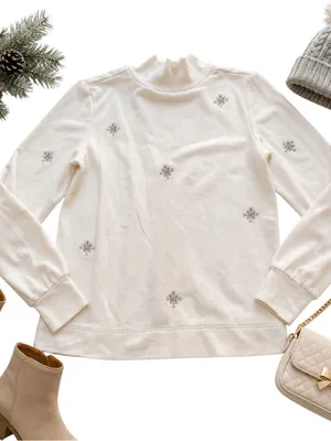 LOFT Ivory Snowflake Embroidered Mock Neck Sweatshirt Winter Cozy Small in GUC thumbnail 2
