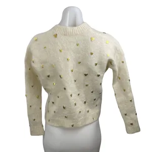 SEZANE Cinta Women's Cream Wool Gold Heart Long Sleeve Sweatshirt Sweater Top M thumbnail 4