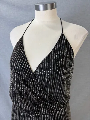 Parker NY‎ Black Silver Bugle Bead Halter Mini Dress Size 0 thumbnail 3