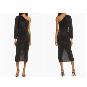Saylor Alora Dress in Black Metallic Womens Plisse One Shoulder Midi thumbnail 13