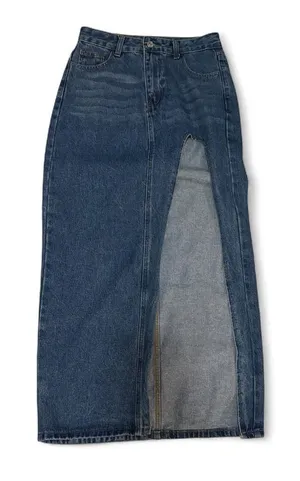 Amazon Dark Blue Denim Maxi Skirt with Front Slit thumbnail 1