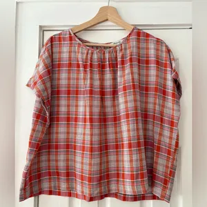 Madewell Orange White Plaid Shirred Cotton Blouse Size XS Oversized Boxy‎ EUC thumbnail 3