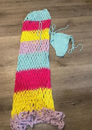 Crochet Beach Cover-Up Set in Pastel Stripes thumbnail 1
