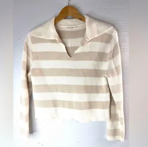 Moon & Madison M Cream Knit Cotton Rugby Striped Long Sleeved Crop Top thumbnail 7