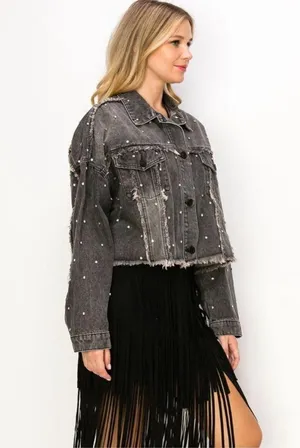 Rhinestone Embellished Frayed Denim Jacket in Black Stoned Washed thumbnail 2