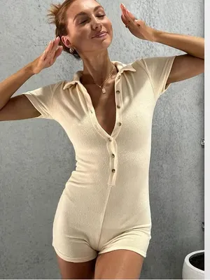 Frankie’s Bikinis Rose terry Romper onesie beige sand short sleeve button down thumbnail 2