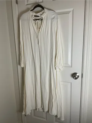Zara ZW Collection Oyster White V-Neck Tie Front Long Sleeve Midi Dress Large thumbnail 3